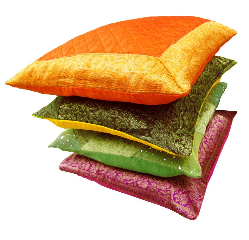 Cushion Cover Set Handmade Decorative Throw Indian Embroidered Satin Multicolor Pillow Cover 16x16 - PL2902