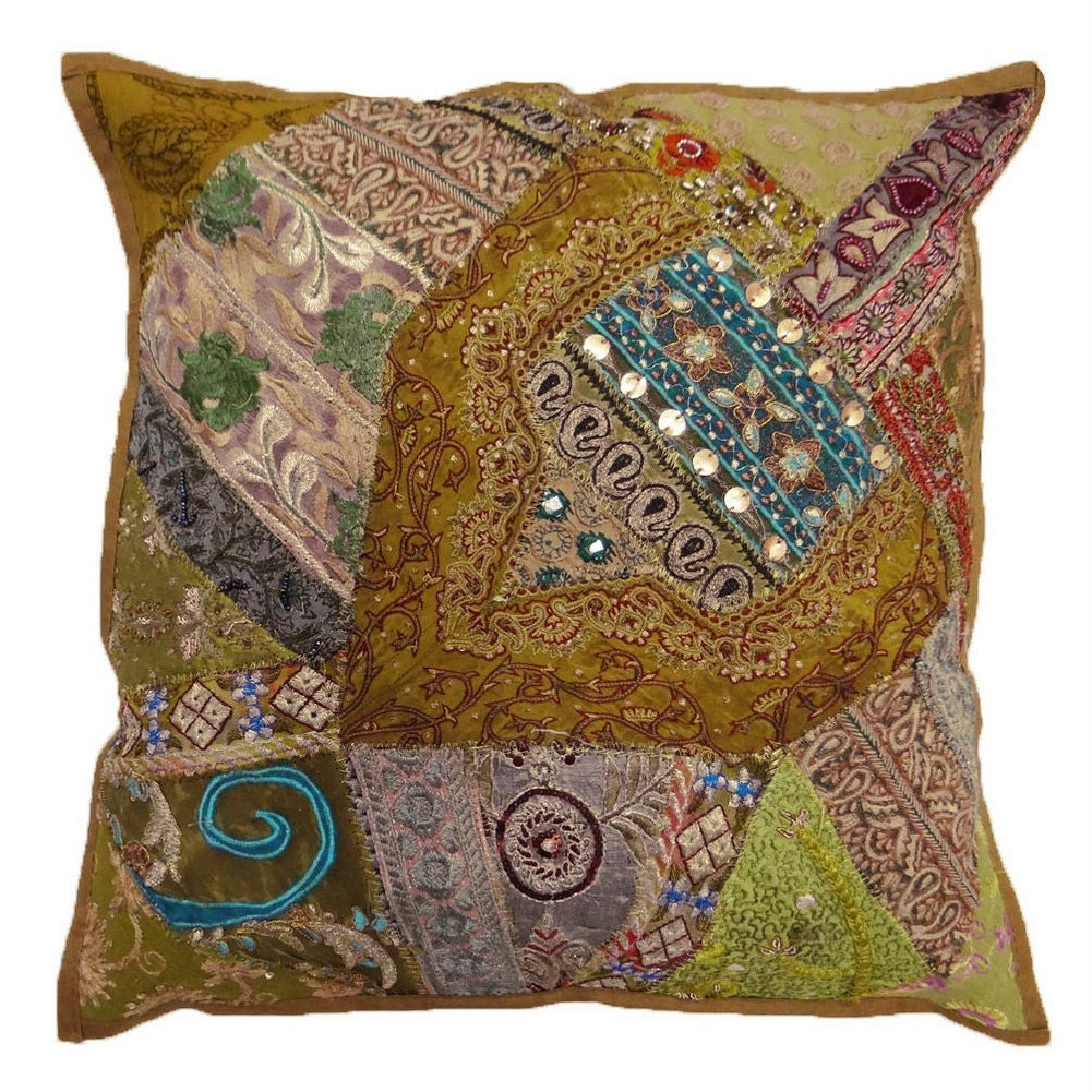Free Shipping Handmade PatchWork Floral Embroidered Cotton Cushion Cover Indian Decorative Throw Yellow Pillow Cover 17x17 - PL5507