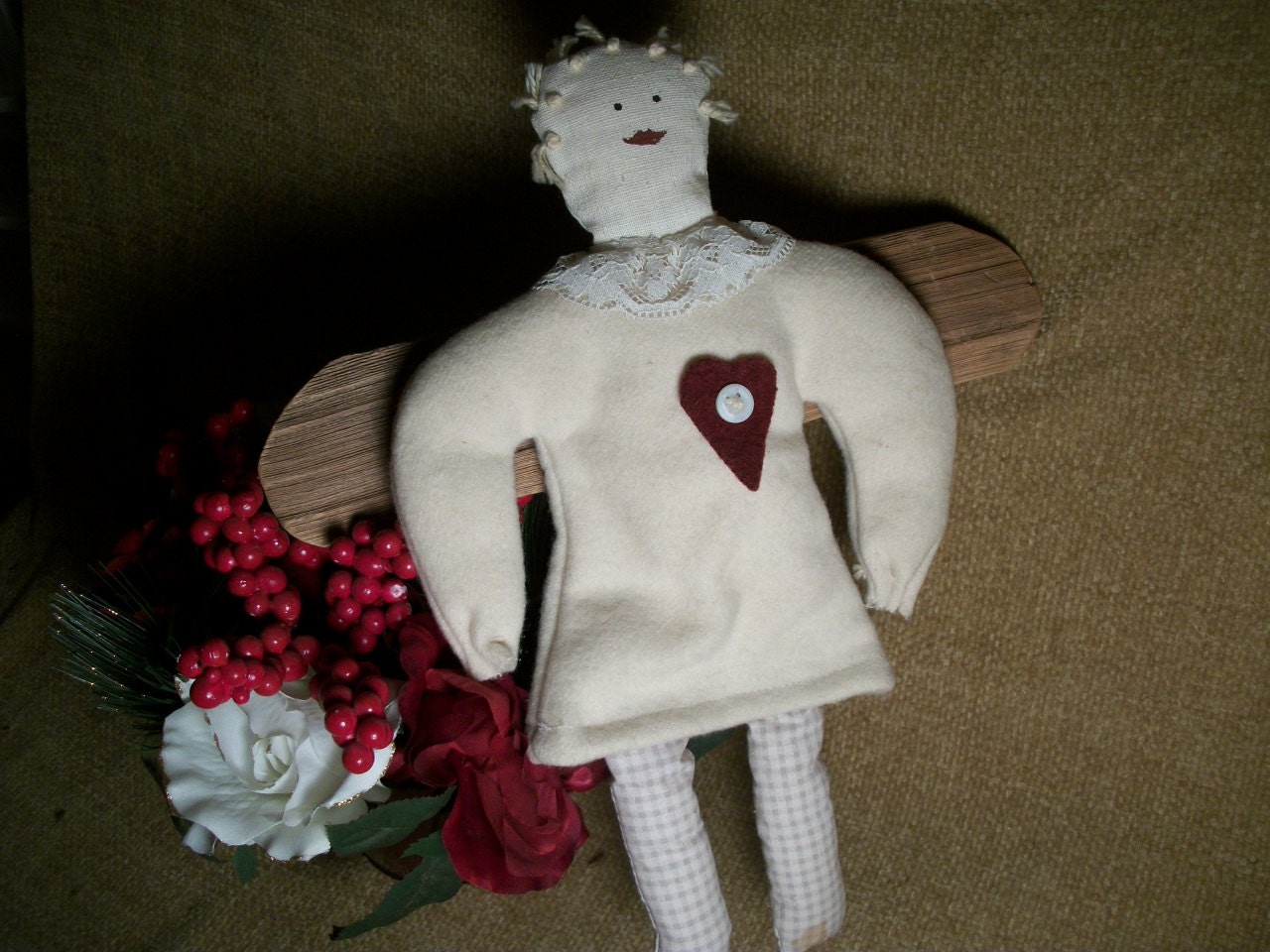 Home Decor, Wall Hanging, Angel, Doll, Handcrafted, Felt, Red Heart, Rustic, Primitive, Folk Art, Americana, Country Decor, TKSPRINGTHINGS