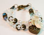 Double stack bracelet faceted glass transparent beads brass heart satin bow tie lace white pearls bridesmaid bridal wedding handmade jewelry