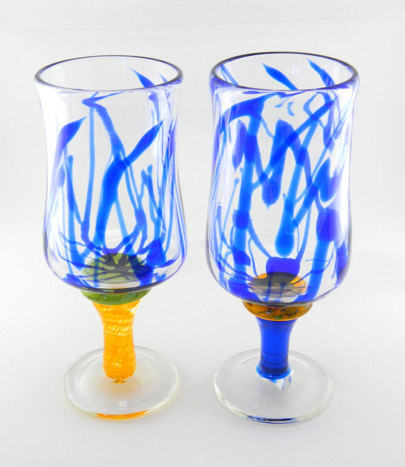 Hand Blown Goblets Wine Glasses Cobalt Blue Lime By Moodyglass