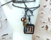 INITIAL LETTER M, BLACK, Soldered Pendant (xs), Charm, and Necklace, Gold, Brass, Copper, Fleur de lis