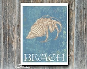 Nautical decor Seashell art Coastal cottage art print Ocean blue Distressed crab wall art Gift for beach house Modern home Nautical poster