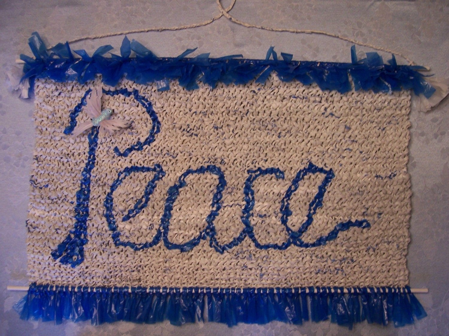 Peace Tapestry/Wall Hanging/Decor/Wall Art/Fiber Art -- Made from Blue and White Upcycled/Recycled/Repurposed Plastic Bags