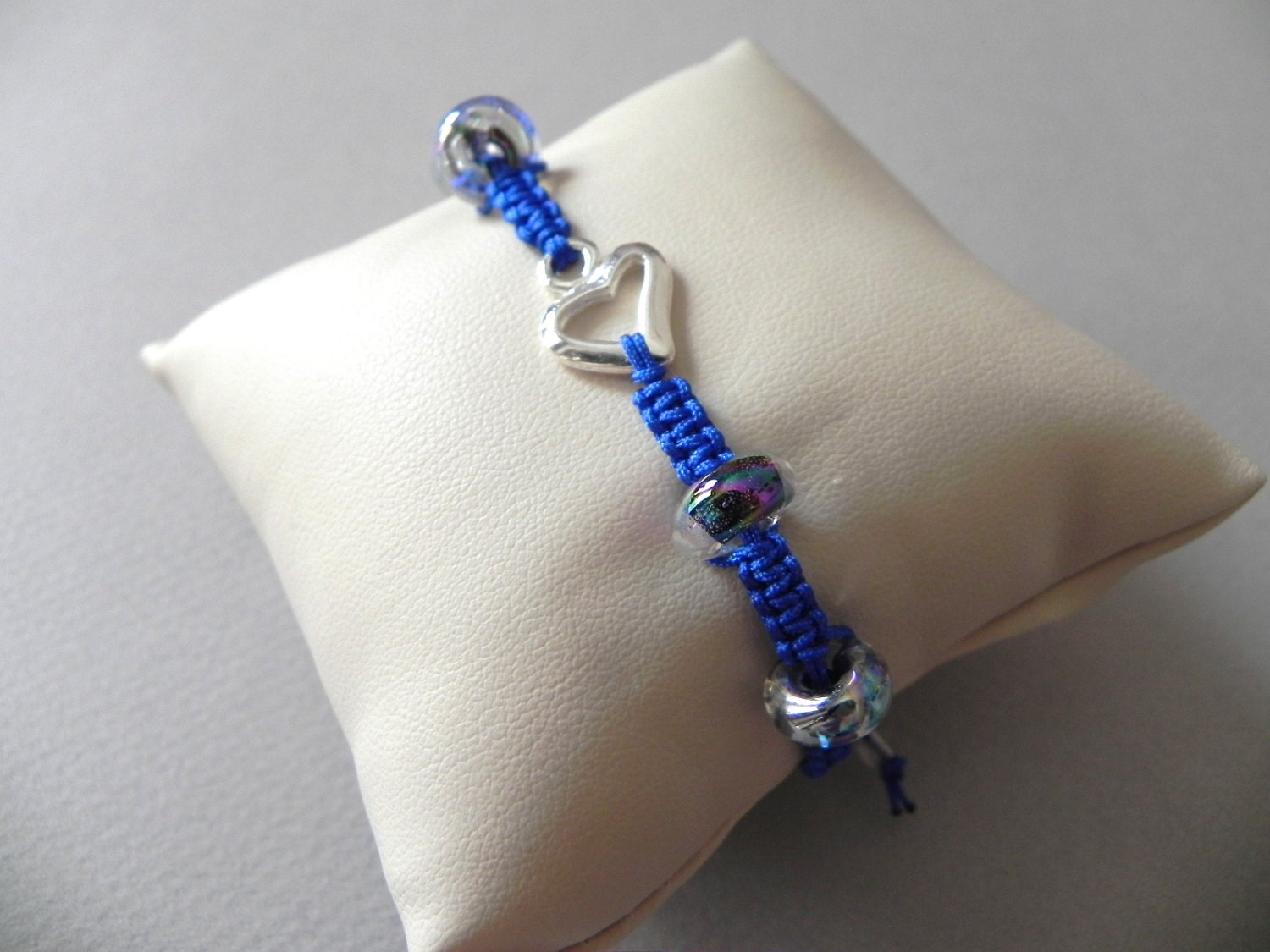 Royal Blue Beaded Macramé Bracelet with Silver Heart Charm and Glass Disk Beads