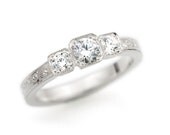 Vintage Style Three Diamond Engagement ring. Trilogy. Hand Engraved Millegrain White Gold Diamond Ring.