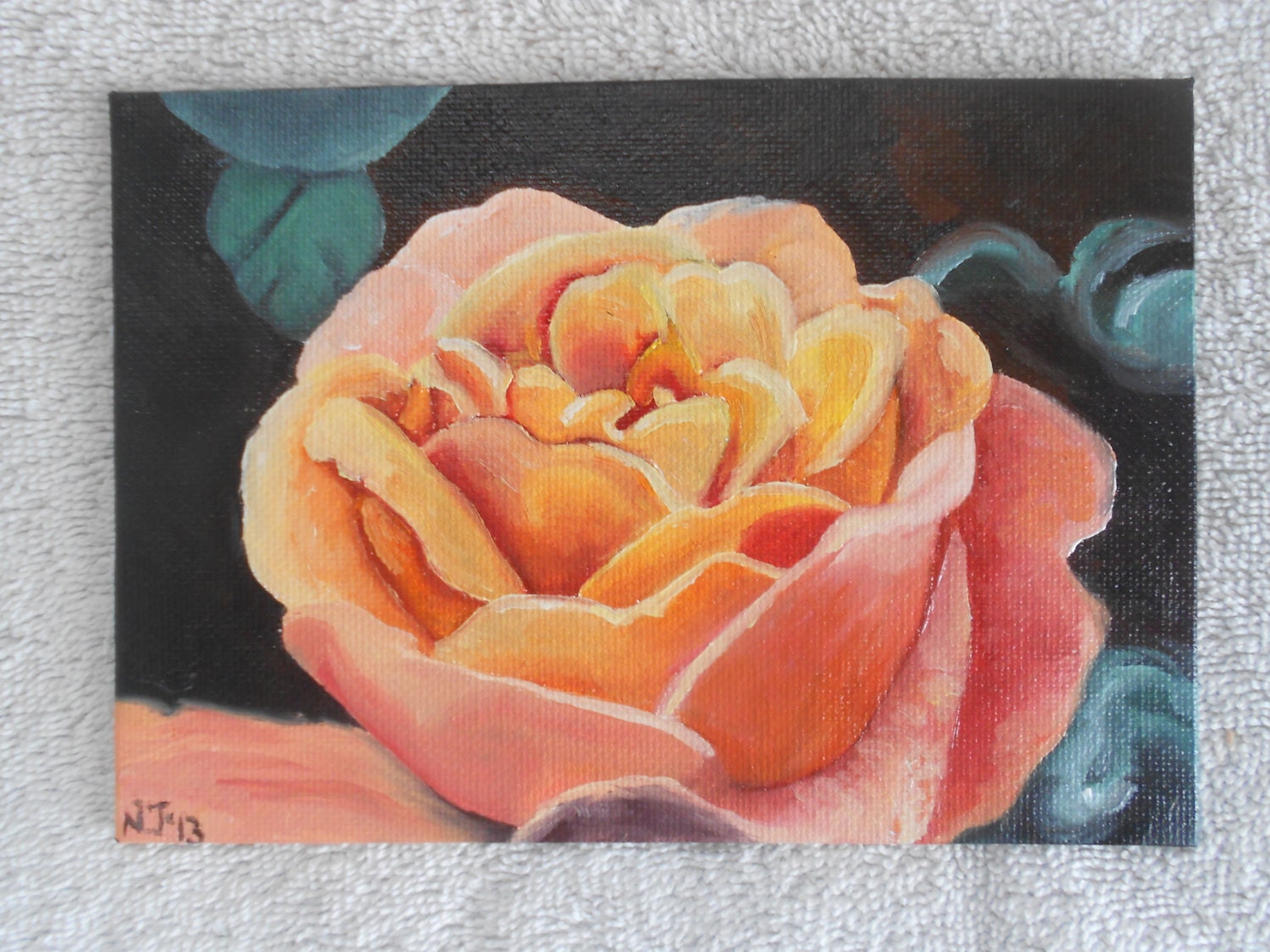 Original Oil Fine Art Orange Pink Rose Flower Small 5" by 7"