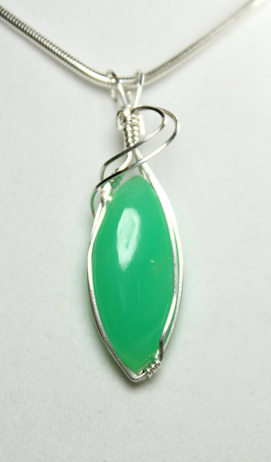 Handmade Reiki Infused Healing Crystal Pendant: Apple Green Chrysoprase Smooth Marquise Wire Wrapped In Sterling Silver