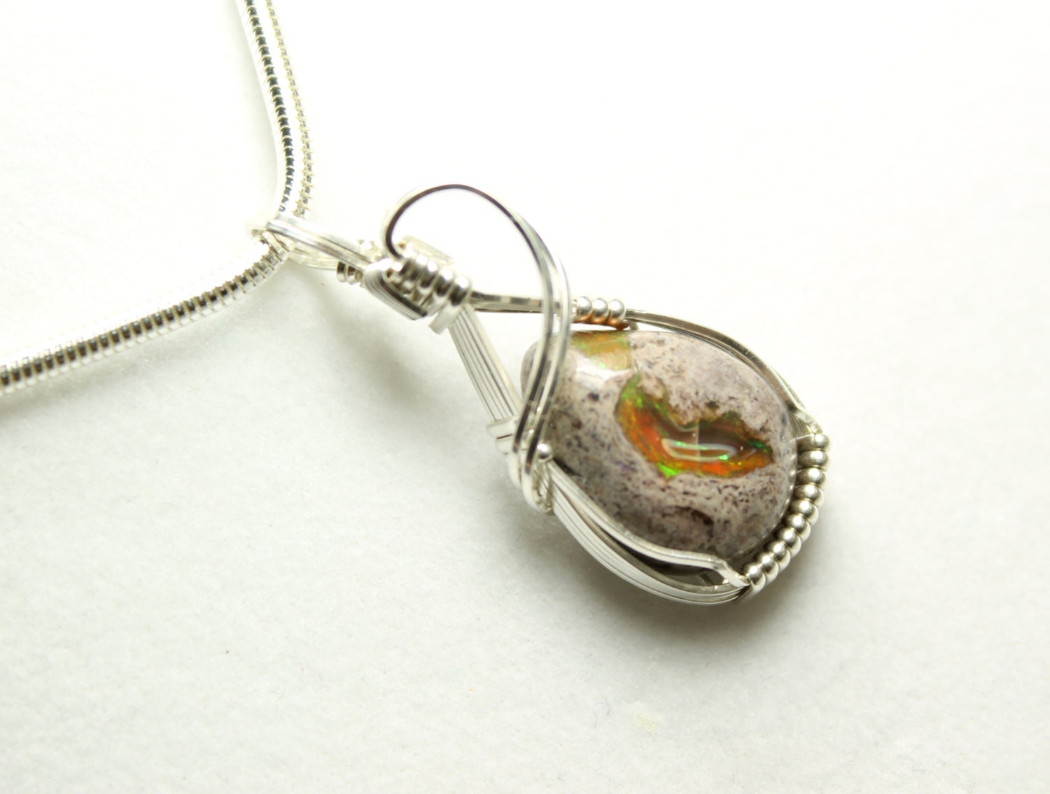 OOAK Artisan Reiki Infused Healing Crystal Pendant: Mexican Fire Opal Green Orange Wire Wrapped In Sterling Silver