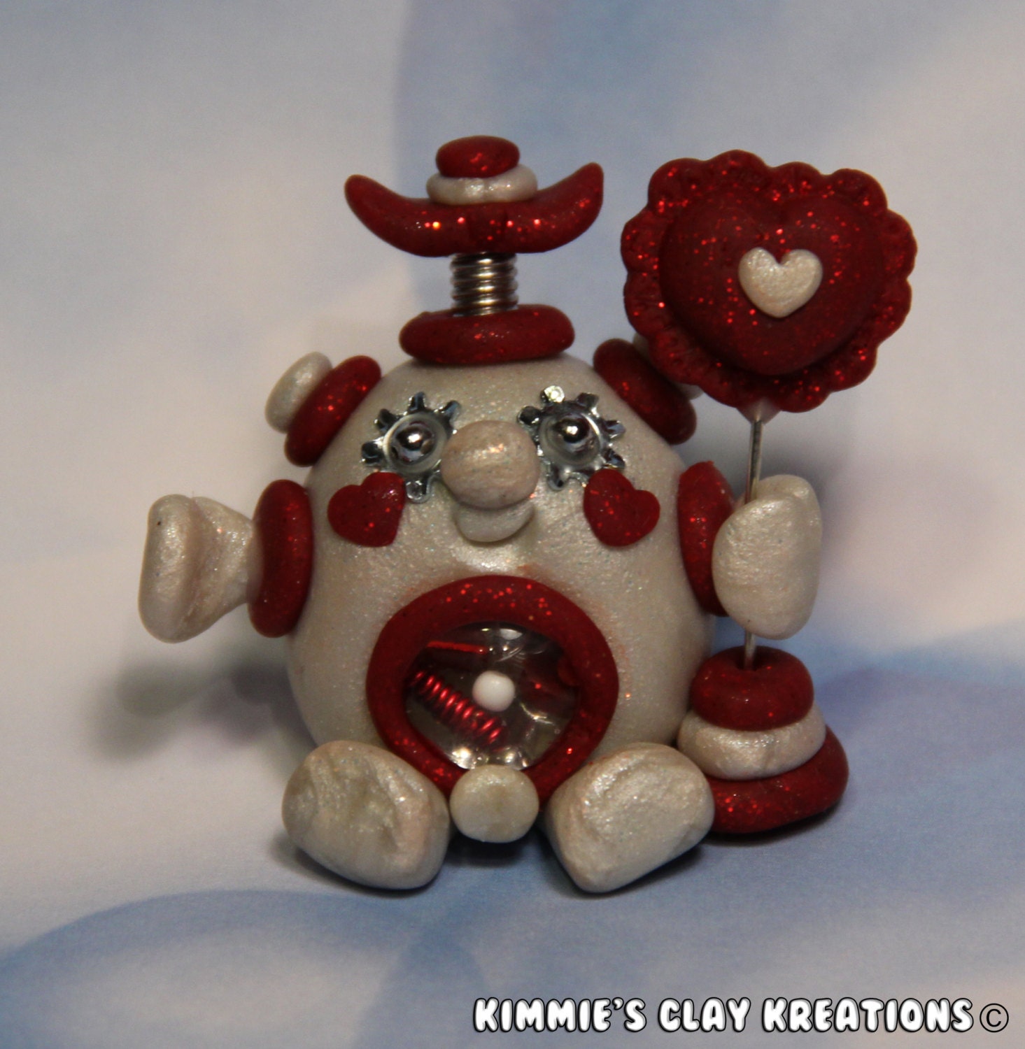 Polymer Clay Robot I Love You Heart Figurine - Miniature Whimsical Character Sculpture - BubbleBellyBotBaby