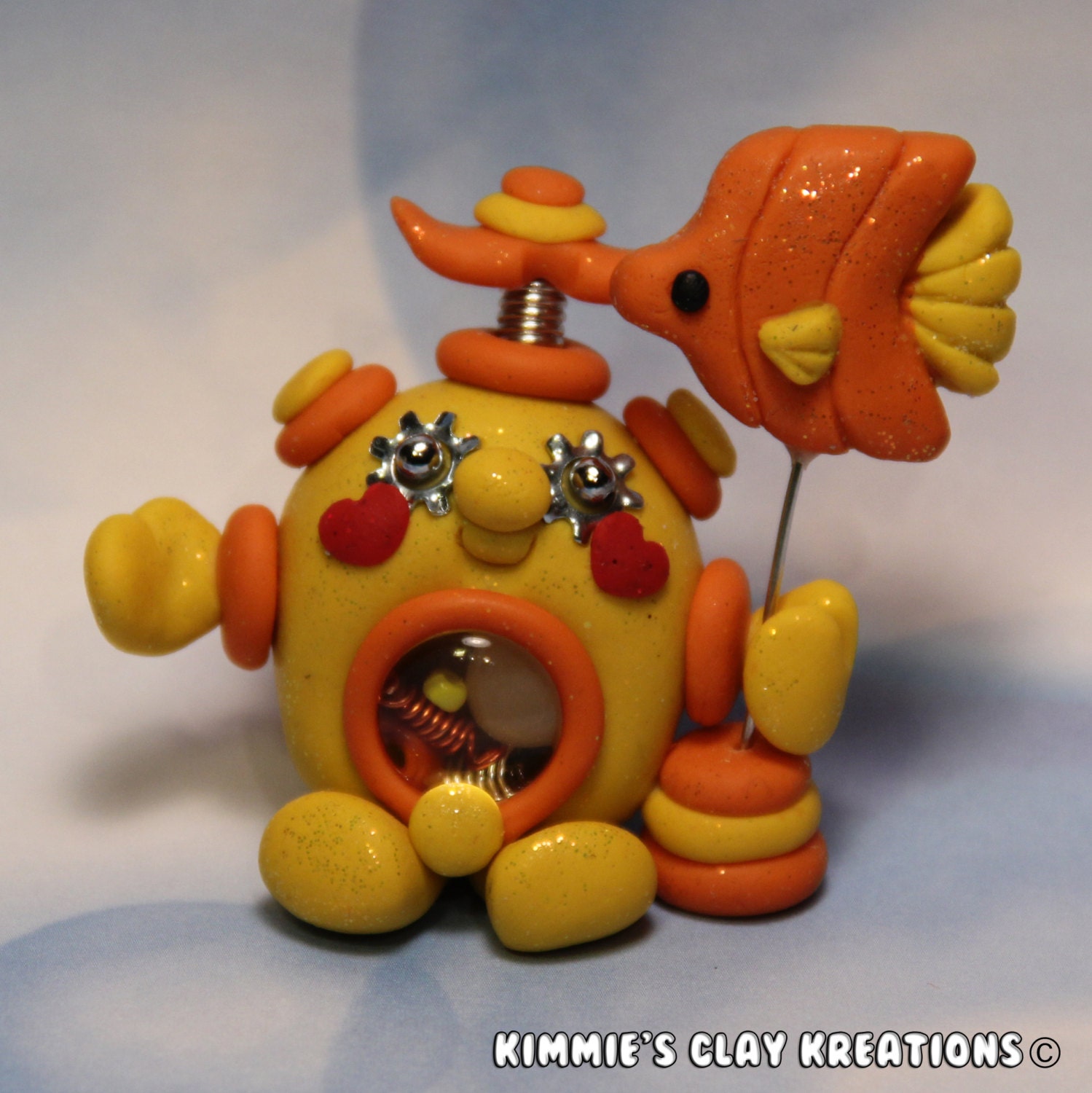 Polymer Clay Robot I Love Fishes Figurine - Miniature Whimsical Character Sculpture - BubbleBellyBotBaby