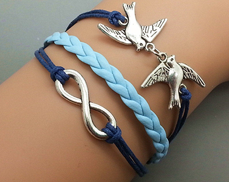 Silver Birds  & Infinity wish  Bracelet , Navy Ropes Light Blue  braided  bracelet Personalized Charm  Jewelry  Friendship Gift 545A