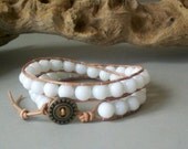 Snow Jasper Leather Beaded Wrap Bracelet, modern, boho, simple, jewelry, unisex