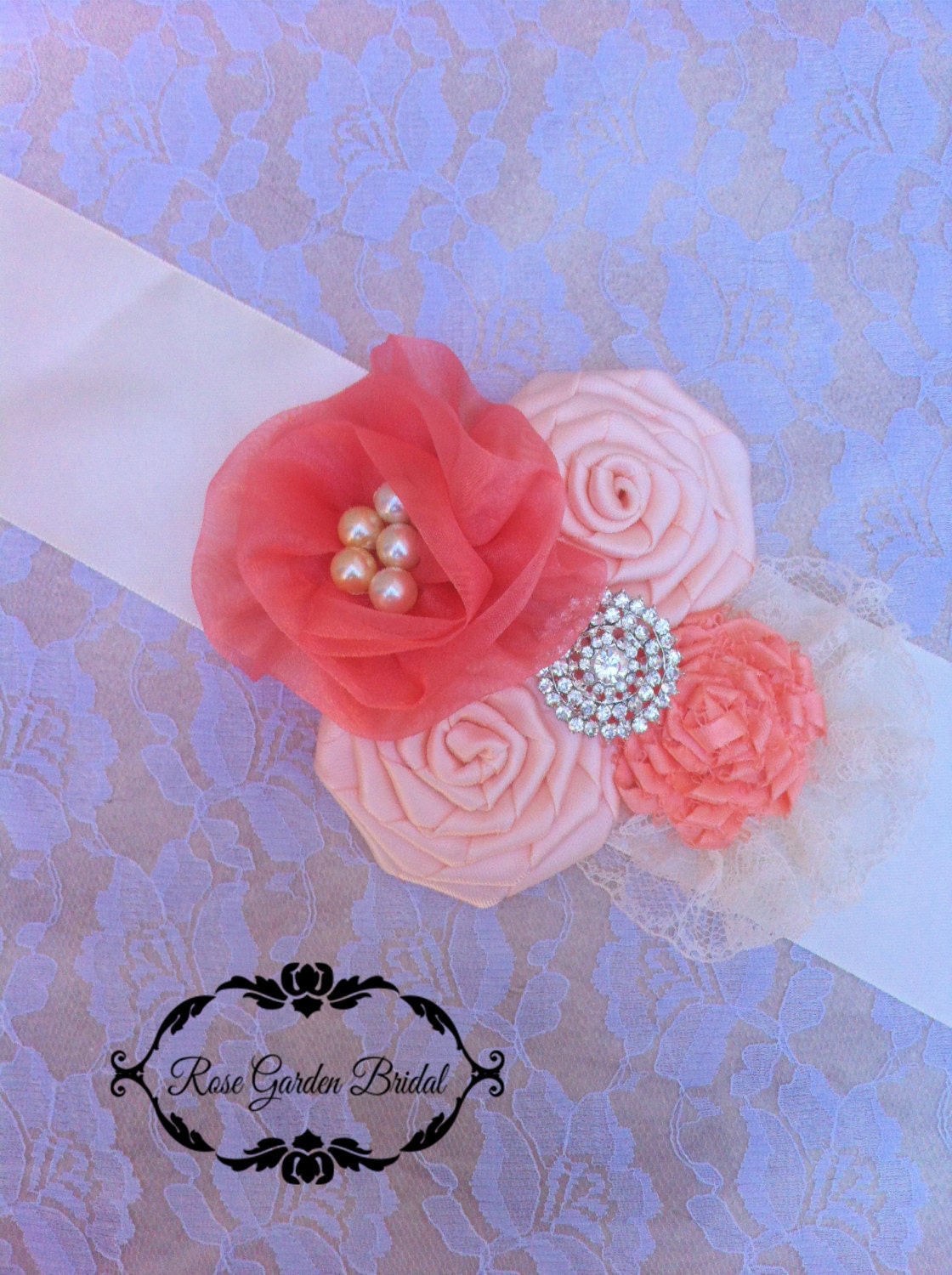 IVORYpeach/coral bridal Vintage lace/organza satin  rosette / rhinestone / flower roses wedding Sash belt