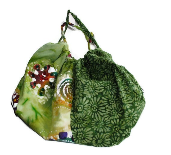 Handmade Large Tote Bag Hobo Style Green Batik Cotton Denim Lining