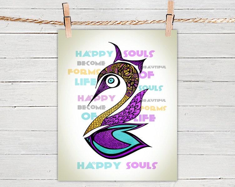 Poster Print 8x10 - Purple Swan Happy Souls - of Fine Art Illustration for Your Wall Decor