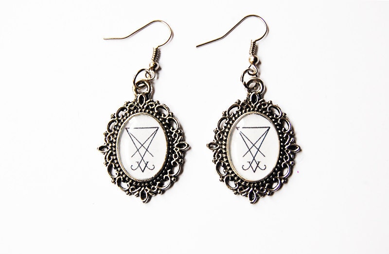 Sigil of Lucifer (Seal of Satan) - Handmade Vintage Cameo Pendant Dangle Earrings