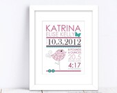 Nursery Wall Art Print Custom (Baby Name Print and Birth Stats) 8x10 whimsical bird, Baby Shower Gift