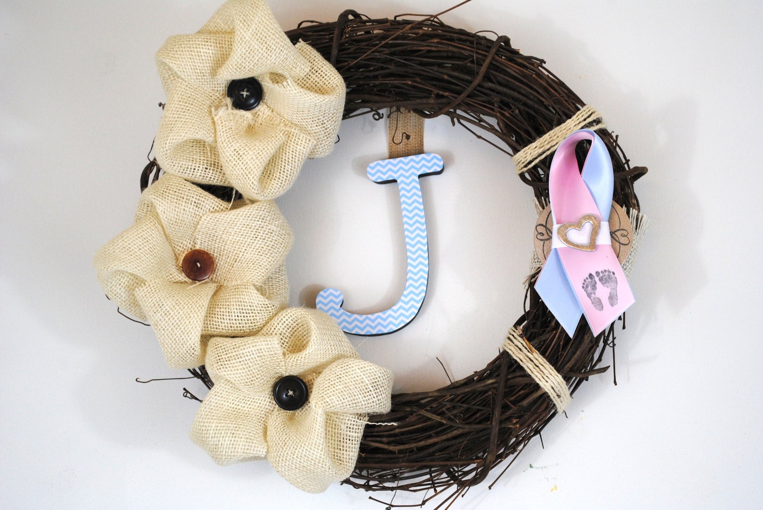 20% to Preemie Charities- Premature Birth Awareness Ribbon on Modern interchangeable wreath with monogram, door or wall hanging - AdornAWreath