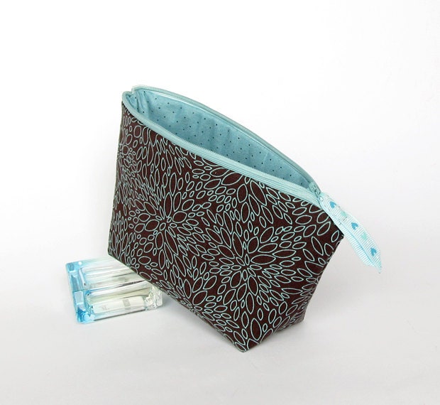 Chocolate Brown Cosmetic Bag Turquoise Zipper Pouch Floral Wallet Blue Make Up Bag