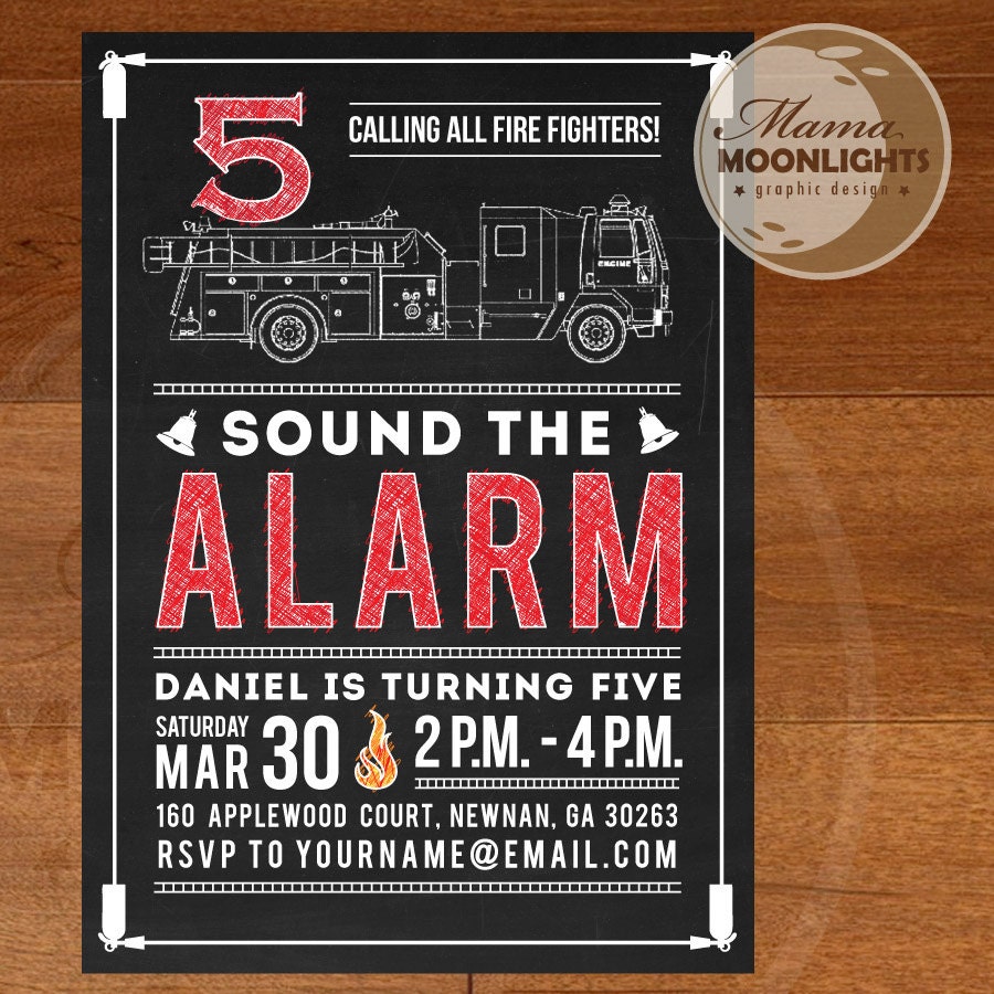 Fire Truck Invitation Chalkboard Style Custom Printable Birthday Party Invite ( Red, White, Black ) Firetruck DIY