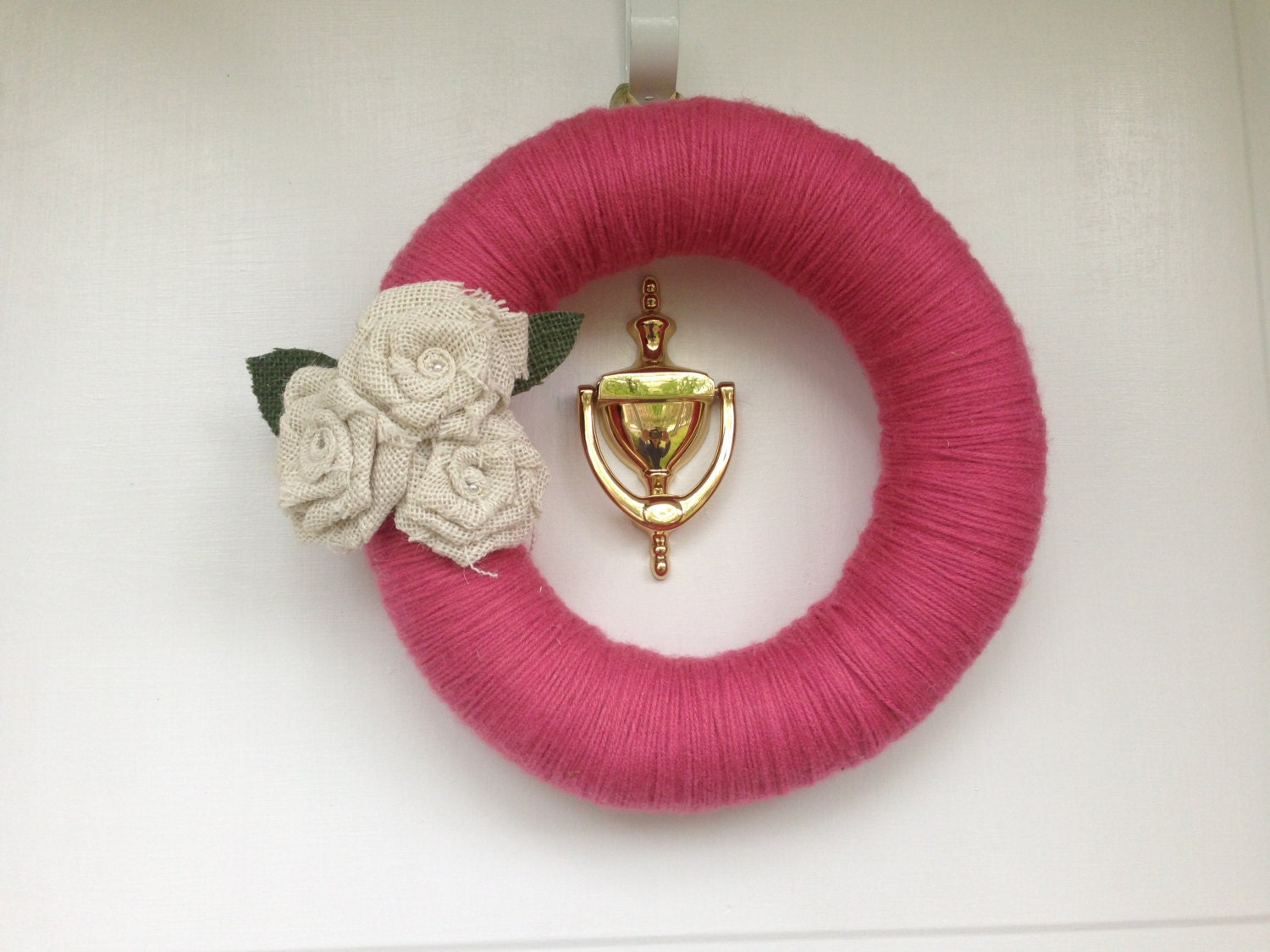 Pink Yarn Wreath With Burlap Flowers