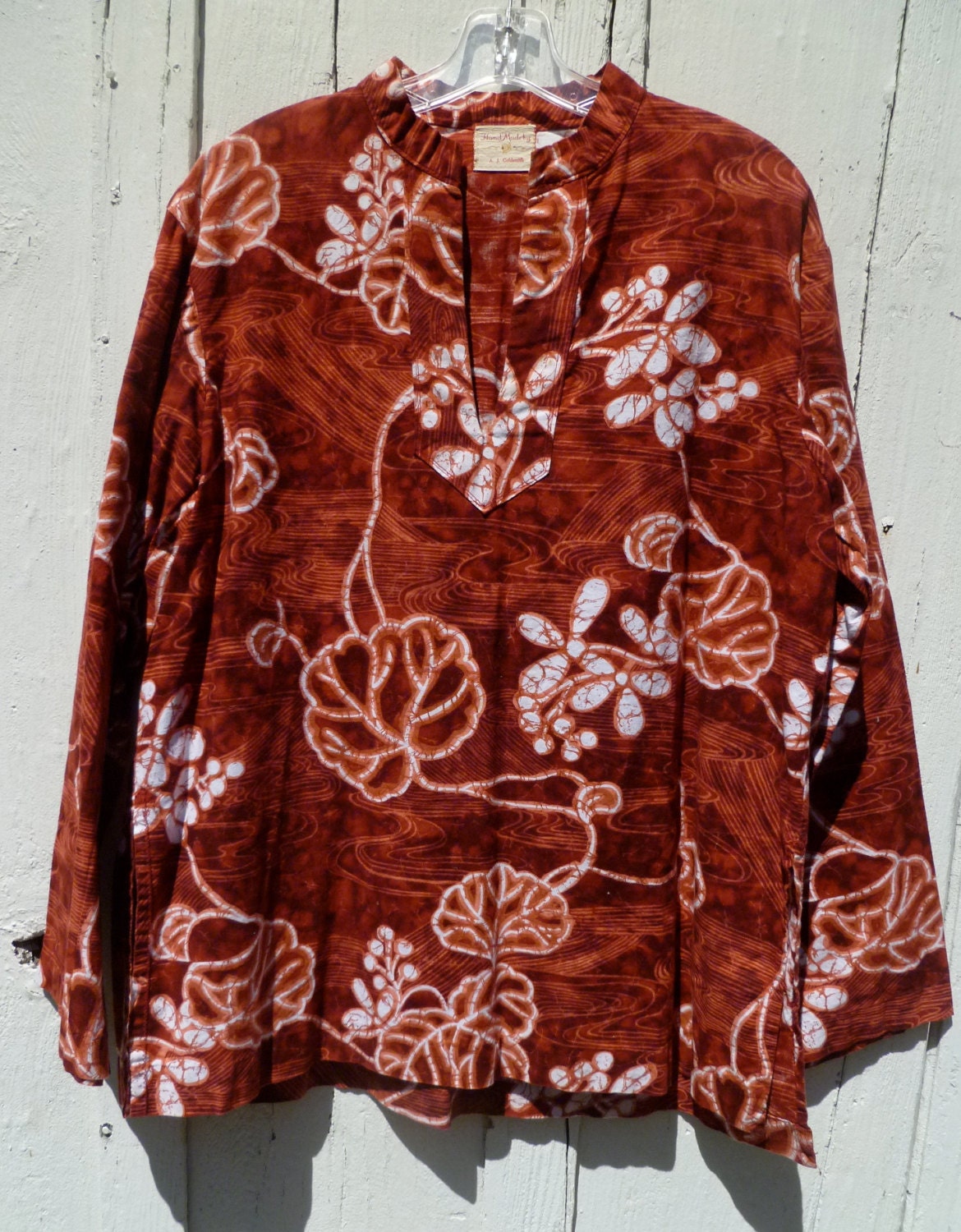 Vintage Batik Hawaiian Beach Party Hippie Long Sleeve Surf Shirt Handmade Tunic Mens Size M