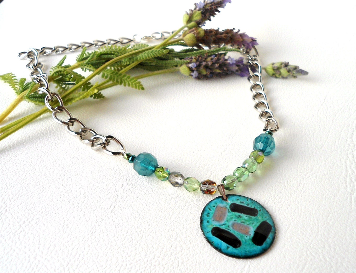 Restyled Up Cycled Vintage 1970s Necklace Enamel Pendant Turquoise Green Vintage Jewellery Handmade Free Delivery