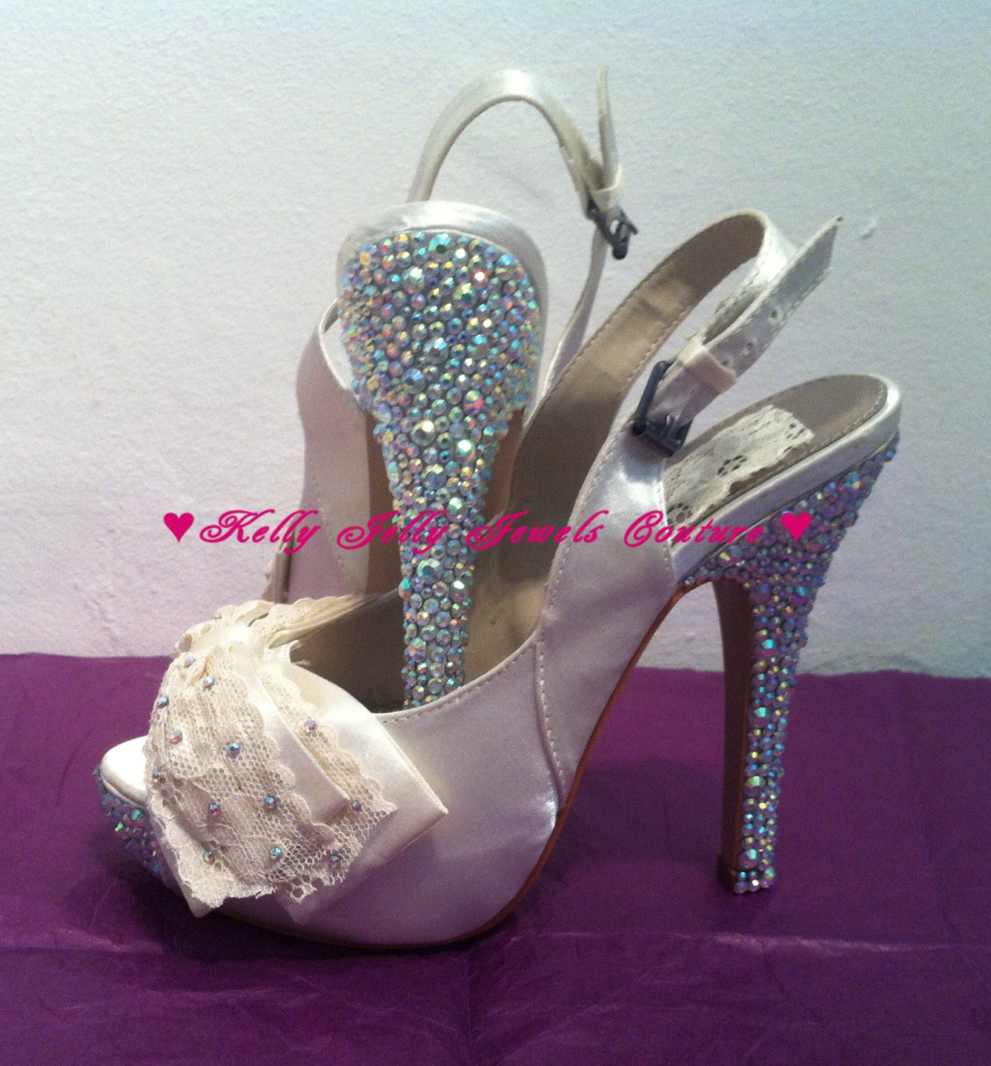 Ivory High Heels With AB Crystal rainbow Swarovski Diamonte / Diamante Bling Peep Toe Platform Heels  Size UK 4 us 6 au 6 eu 37Wedding