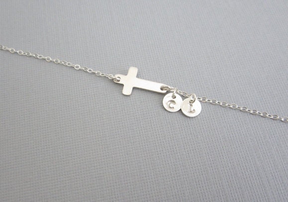 Personalized Silver Cross Bracelet.Sideway Cross Sterling Silver Jewelry.Frienship Gift.Encouragement Gift. Two Initial Discs.Silver Charms.