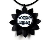 Recycled Bike Tire Inner Tube Daisy Flower Necklace, Zombie Attack - Hangs on Rubber Cord - Upcycled Bike Jewelry, Zombie Jewelry