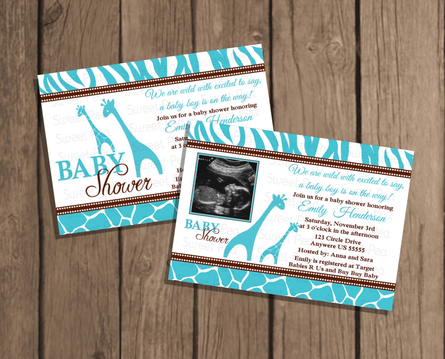 Boy Blue Safari Baby Shower Giraffe Jungle Baby Shower Invitation OR Thank you Card DIY Digital Printable  File