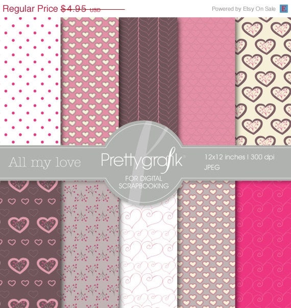 60% OFF Last day All my love Digital Scrapbook Papers set, hearts, love, polka dots, pink, valentine's - PGPSPK540 Il_170x135