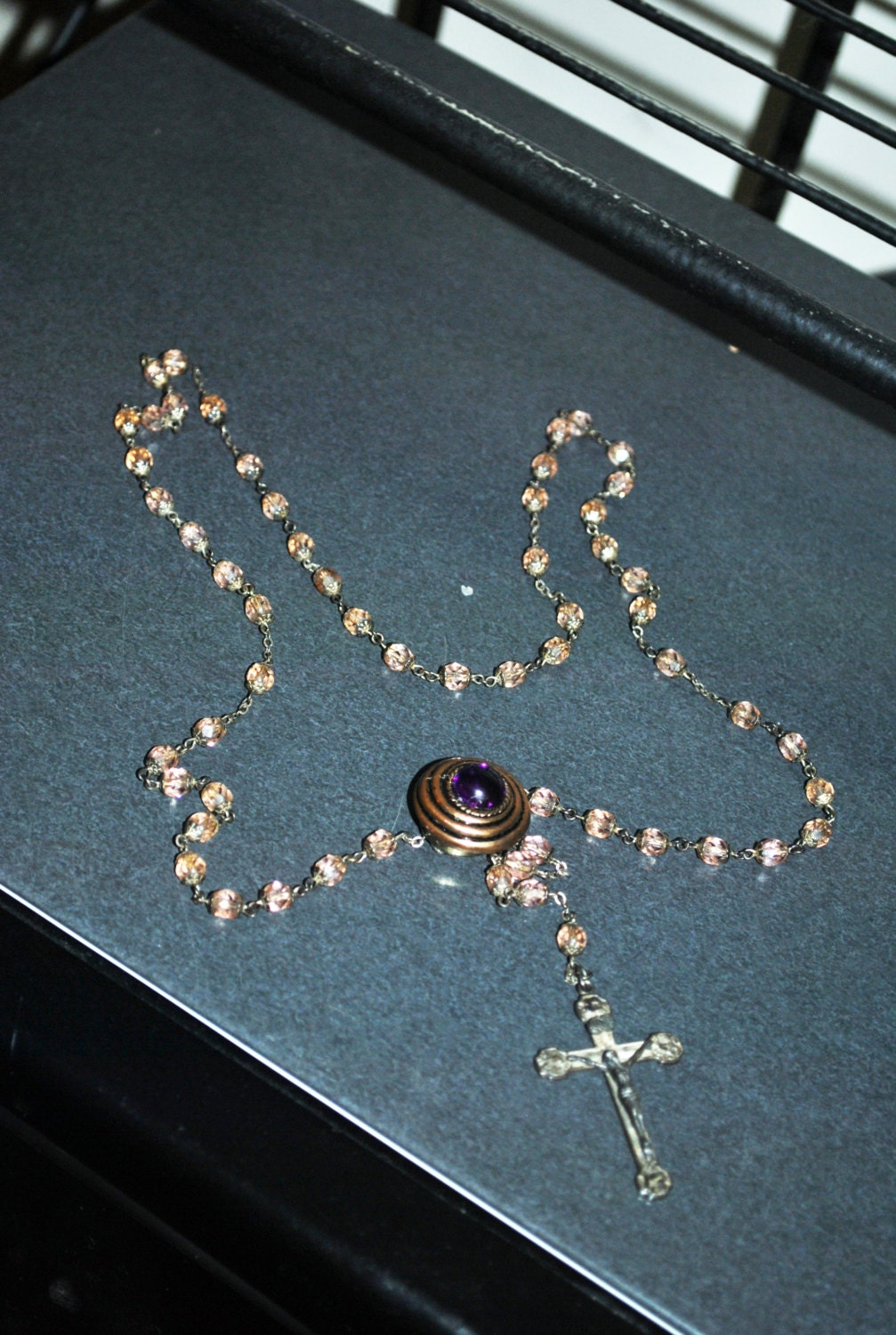 Women's Necklace Cross-Pendant- 44"-Pink Beads-Vintage Button Cover-Christian-Eclectic-Boho