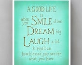Smile Dream Laugh... Inspirational Quote Poster, Typographic Print,  Hand-lettered Design, green or pink 8x10 wall art