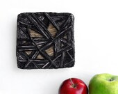 Black wall tile - beige, black, gray geometric wall art, wall hanging, abstract wall sculpture, art tile, singed fabric hanging sculpture