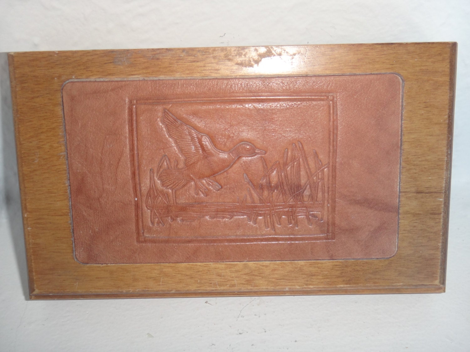 Vintage Mens Leather Duck Wooden Jewlery Box