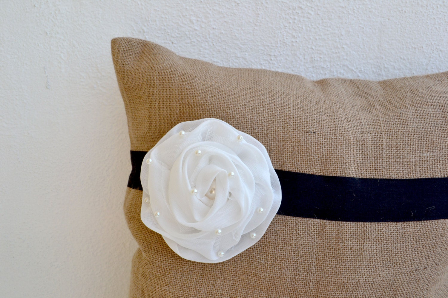 Burlap pillow cover with white flower - Decorative cushion cover- 18X18