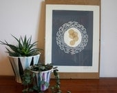 Abstract circle 1950s mid century modern grey chine-collé art lino print