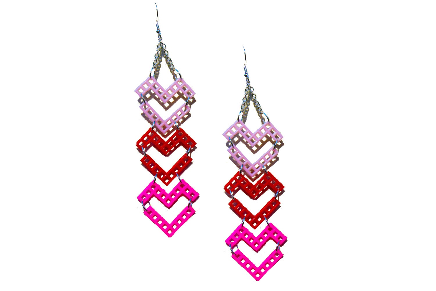VALENTINES DAY Red and Pink Heart Chevron Chain Mail Dangle Earrings