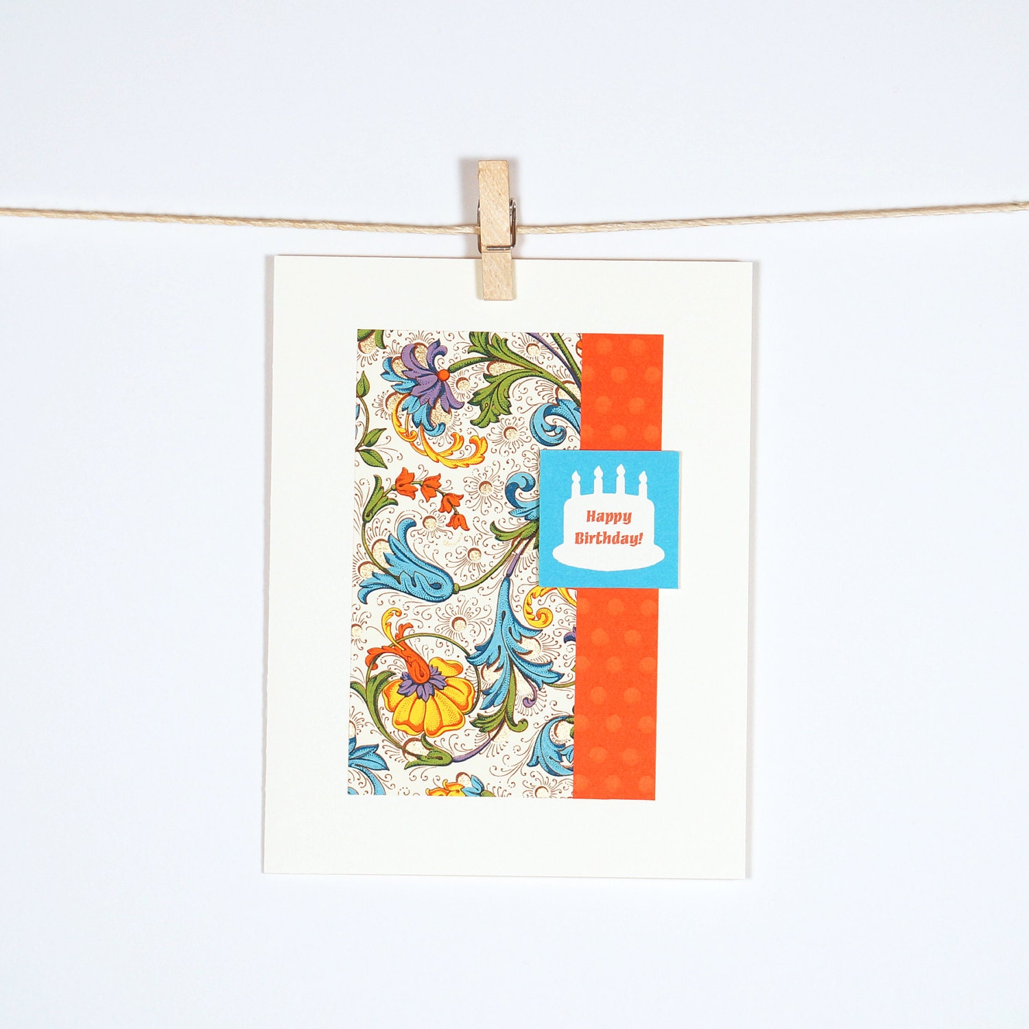 Birthday Cake Bright Colors Turquoise Floral Orange Polka Dots Happy Birthday Notecard