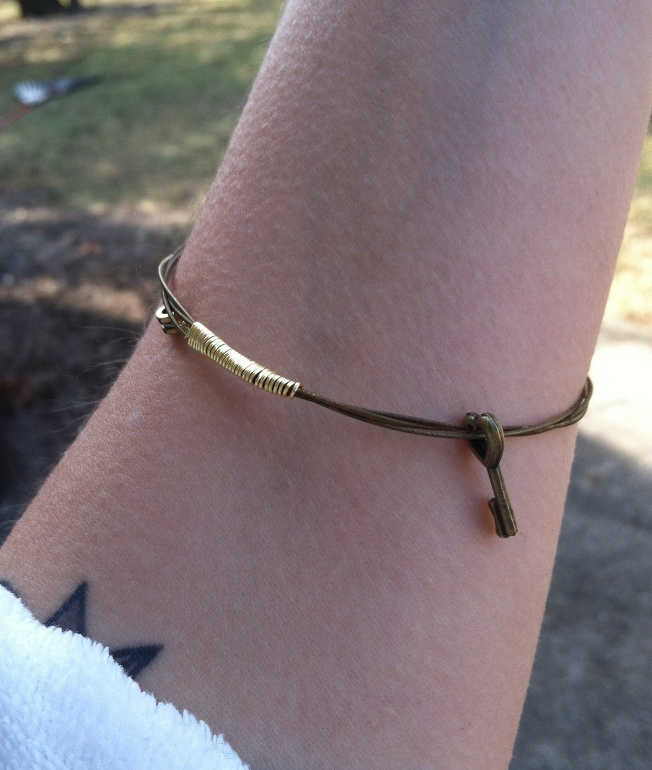 Recycled/Reused Guitar String Gold Bangle Stacking Bracelet with cute Charm is a great Gift Idea - Key to My Heart