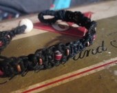 Black Macrame Bracelet /  Black Hemp Macrame /  African Beads / Carved Bone / Red Black White / Black Micro macrame / Recycled Glass