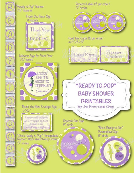 Ready to Pop Green and Purple Baby Shower Printable Decoration Pack Personalized, Custom in PDF Format Il_170x135