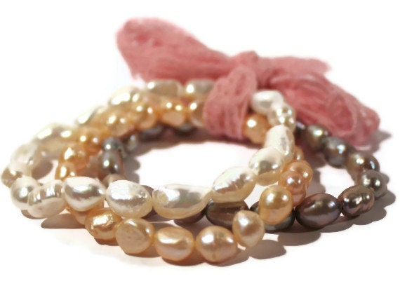Pink, White and Grey Freshwater Pearl Bracelet Bundle, Handmade June Birthstone pearl bracelet - MarlaBeeDesigns
