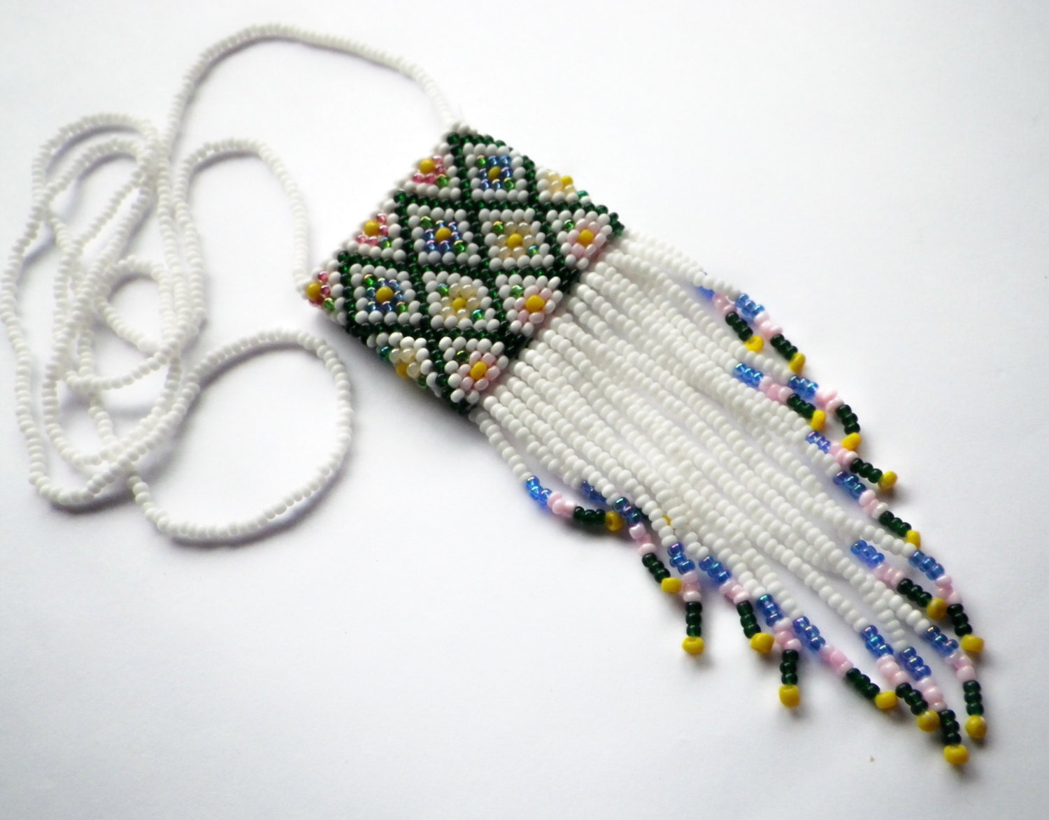 Spring Flowers- Vintage Bead Woven- Amulet Bag- Tapestry Bag- Necklace- Gift for Her - CassieVision Spring Flowers- Vintage Bead Woven- Amulet Bag- Tapestry Bag- Necklace- Gift for Her - CassieVision