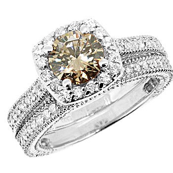 Fine 1.76ct Cognac Champagne Brown Diamond Matching Engagement Ring Wedding Band Set 14k White Yellow Rose Pink Gold Vintage Antique Style
