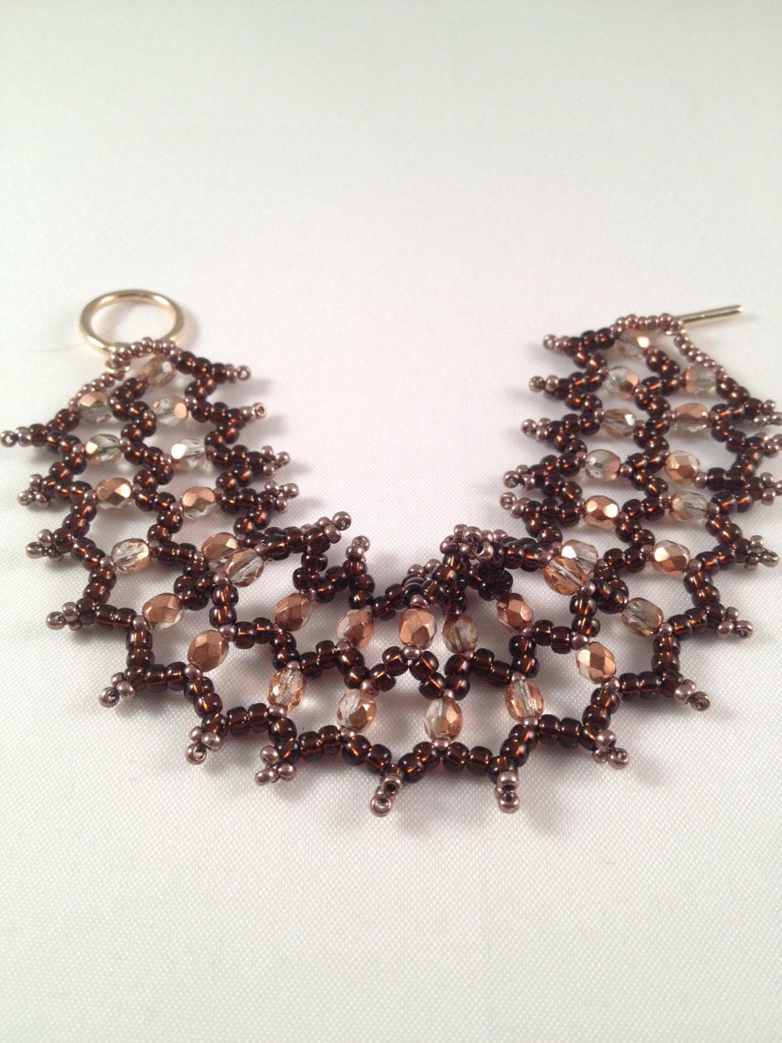 Autumn colours, Netted Cuff  Beaded Bracelet Brown And Gold Glass Miyuki Beads With Fire Polished Crystal (Autumn Colour)