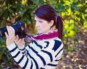 Camera Strap Cover- Ruffled Camera Strap Cover with Lens Cap Pocket- Padded Fleece- Tropical Floral Print with Ruffles- DSLR Accessories