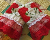 Up-cycled Vintage Appliqued Standard Pillow Cases Red Flowers Bedding Shabby Chic Home Living Country Living Farm House by picadillymarket